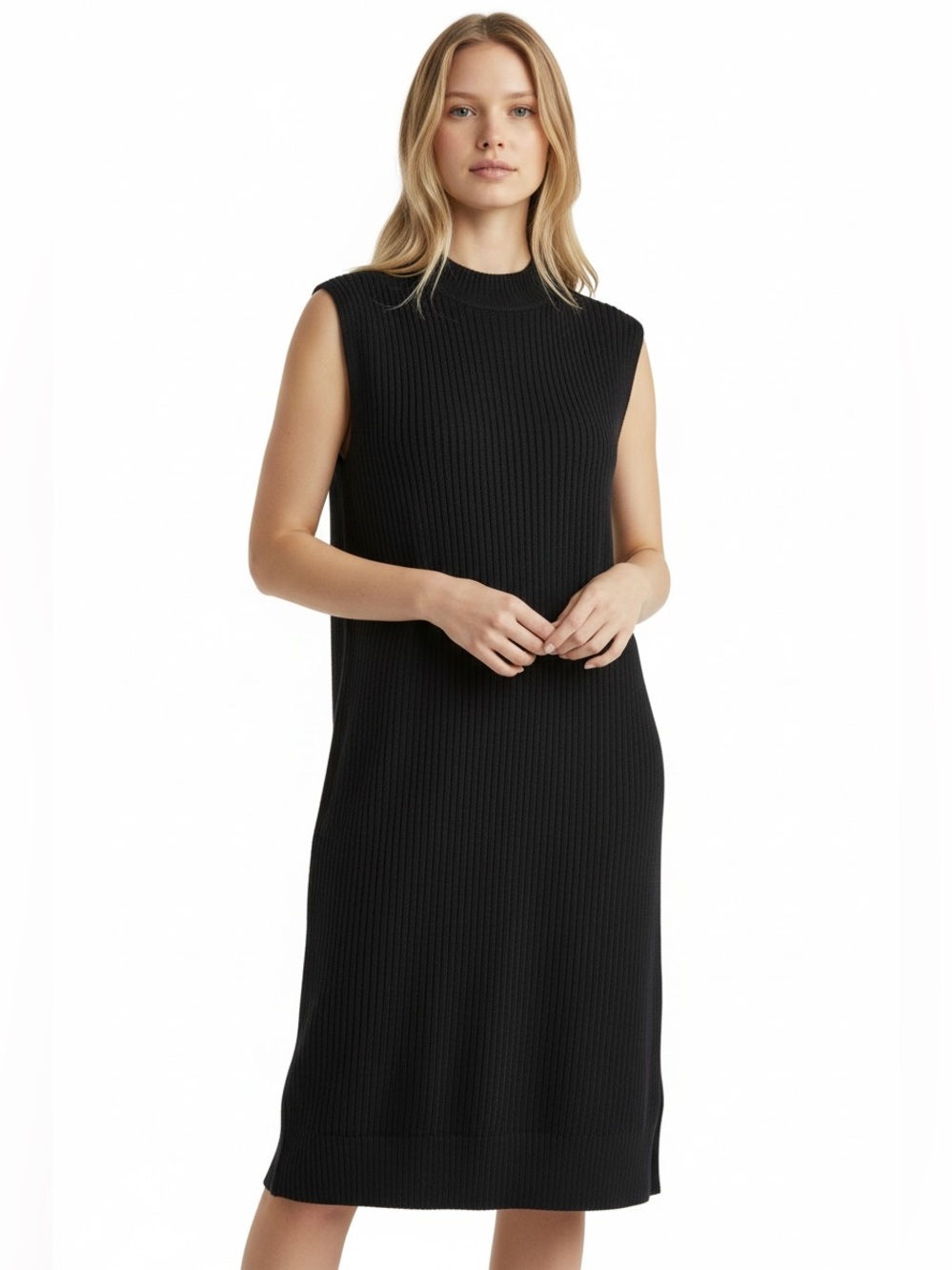 COS Black Cotton Ribbed Knit high Neck Sleeveless Dress sz M